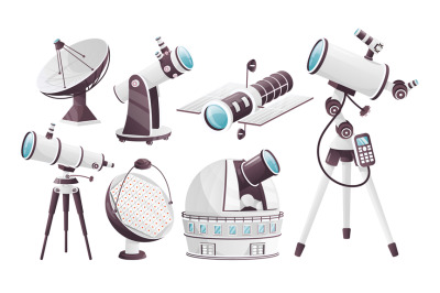Cartoon observatories. Satellite telescope astronomical telescopio, as