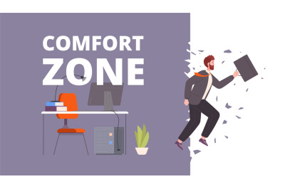 Exit from comfort zone. Dapper employee jump leaving comfortable offic