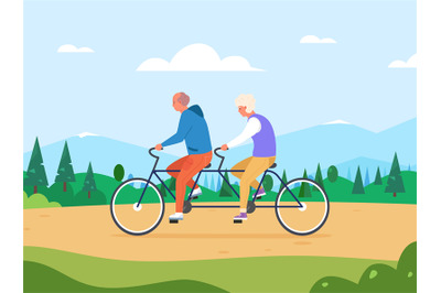 Seniors tandem bike. Old couple ride on couplebike, cute grandpa grand