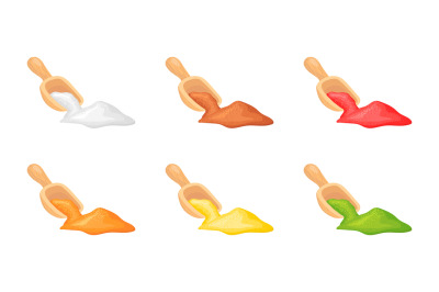 Spoon indian spices. Wooden scoop of colorful closeup powder, rustical