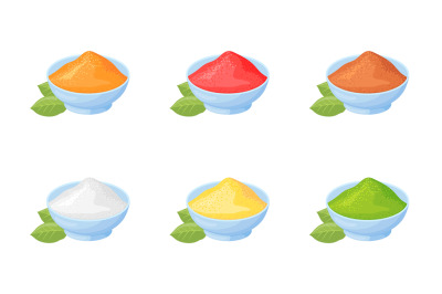 Cartoon indian powders. Powder spices in bowl, seasoning powdered herb