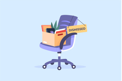 Chair dismissed employee. Quitting job worker, box of fired businessma