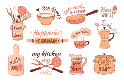 Kitchen tools letters. Cook elements typography quote lettering, rules