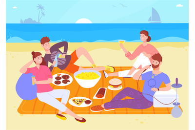 Picnic seashore. Happy friends on sea beach eat food drink wine. Summe