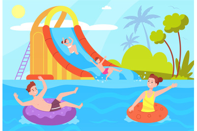 Kids ride waterslide. Boy girl sliding on aquapark tube inflatable sli