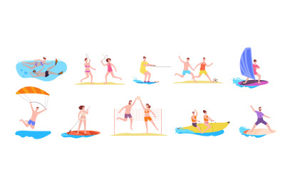 People beach games. Summer sport game activity, surfing volleyball win