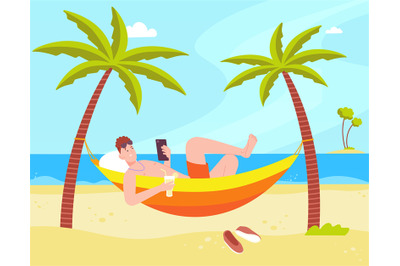 Relax in beach hammock. Leisurely man lying under palm at sea ocean is