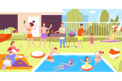 People in backyard pool. Home swimming poolside party, family enjoy su