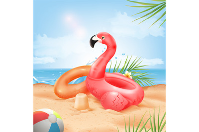 3d flamingo flyer. Summertime background summer pool party, inflatable