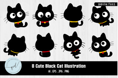 Cute Black Cat Illustrations | 8 Variations