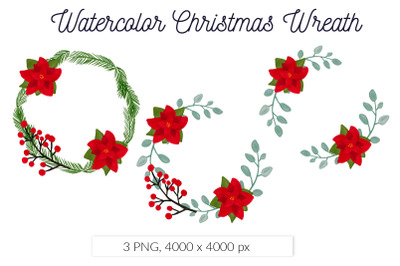 Watercolor Floral Christmas Wreath Poinsettia