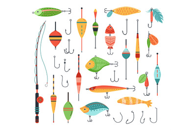 Fishing accessories. Fish bait with hook, fisherman rod and tackle wit