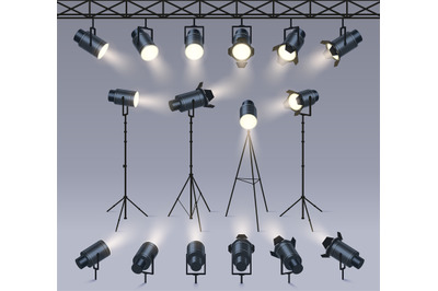 Realistic spotlights. Lamp on tripod stand, photo studio or stage ligh