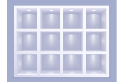 Square wall shelves with lighting. Grid cell showcase shelving with de