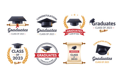 Graduation label. Class of 2023 congratulations graduates typography d