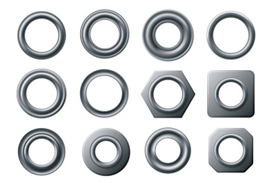 Metal eyelets. Curtain eyelet ring, round grommet and circular fastene