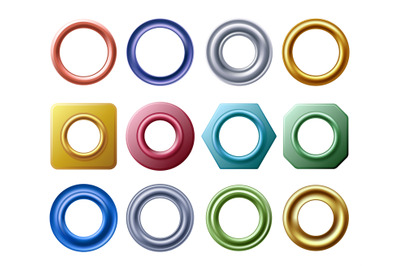 Grommet rings. Metal and golden eyelets for label holes, round hole me