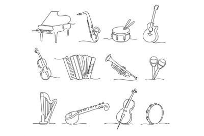 One continuous line musical Instruments. Orchestra saxophone, grand pi