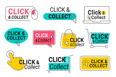 Click and collect. Online shop buttons with clicking cursor pointer, c