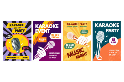 Karaoke party flyer. Singing night banner with hand holding microphone