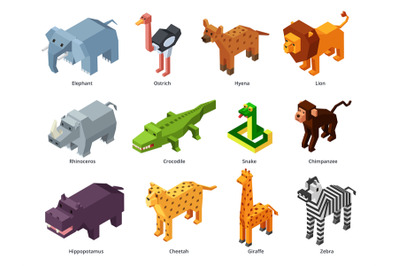 Isometric african animals. Low poly zoo&2C; polygonal alligator&2C; lion and