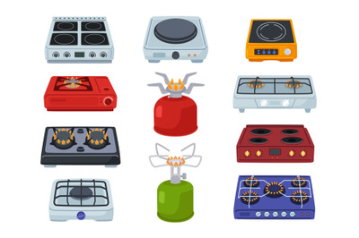 Cartoon stoves. Kitchen electric hob, camping stove gas burner and coo