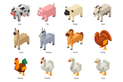 Isometric farm animals. Low poly cow, pig and sheep. Polygonal goat, v