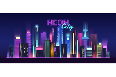 Futuristic city. Neon town cityscape with glowing skyscrapers, panoram