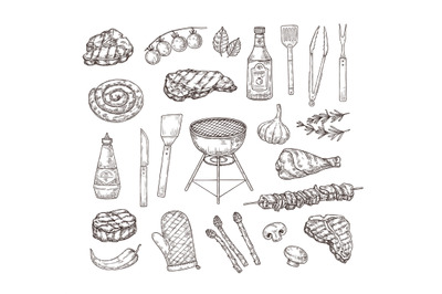 Sketch grill food. BBQ tools&2C; sauces and meat. Hand drawn engraving ba