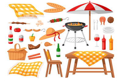 Summer picnic elements. Blanket, basket and outdoors weekend BBQ grill