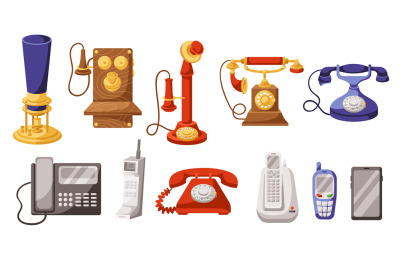 Phone evolution. Telephone history from invention to modern, old vinta