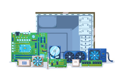 PC components. Computer case with electronic hardware parts. Build or