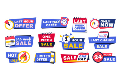 Countdown banners. Promo badges with timer&2C; alarm and clock icons for