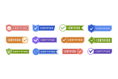 Certified label template. Badge with check mark icon, certification ta