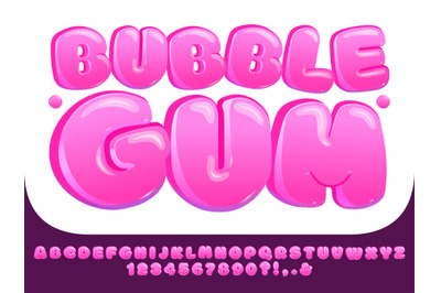 Bubble gum font. Sweet pink chubby letters, glossy lollipop candy numb