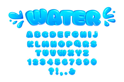 Water bubble font. Glossy bubbly letters, chubby alphabet and water dr