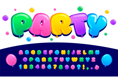 Balloon font. Inflatable letters, color bubble numbers and balloons di