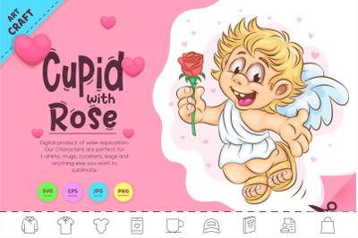 Cartoon Cupid with Rose. Clipart