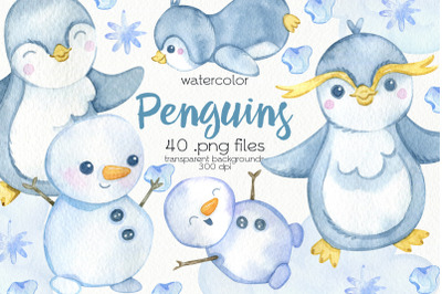 Watercolor Penguins Clipart - PNG Files