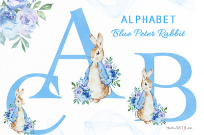 Peter Rabbit Floral Blue Alphabet Clipart