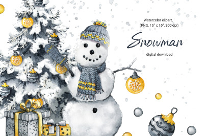 Christmas snowman, winter scene, watercolor clipart, PNG digital downl
