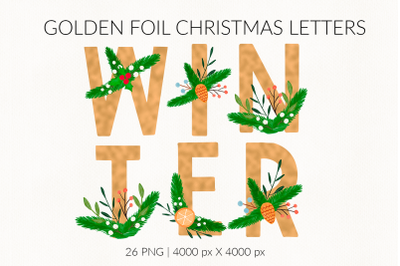 Golden Foil Watercolor Christmas Letters. Wreath alphabet