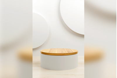 Set of realistic 3D round podium, wooden motif and isolated on white c