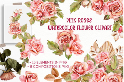 Pink roses - watercolor flower clipart