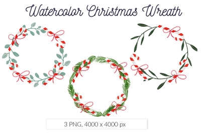 Watercolor Floral Christmas Wreath Candy Cane