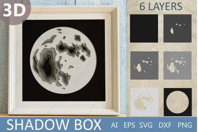 3d layered paper cut moon wall art, 3d shadow box svg