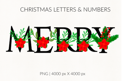 Poinsettia Watercolor Christmas Letters. Wreath alphabet