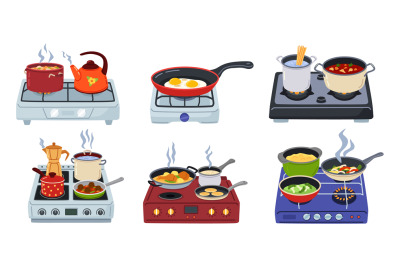 Cooking utensils on stoves. Food cooking on kitchen electric hob, pans