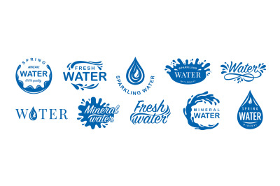 Water label. Sparkling mineral drink, fresh water emblem with splash d