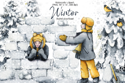 Children playing outside, winter snow fort, watercolor clipart